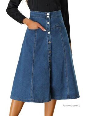 A-Line Button Down Midi Denim Skirt Casual